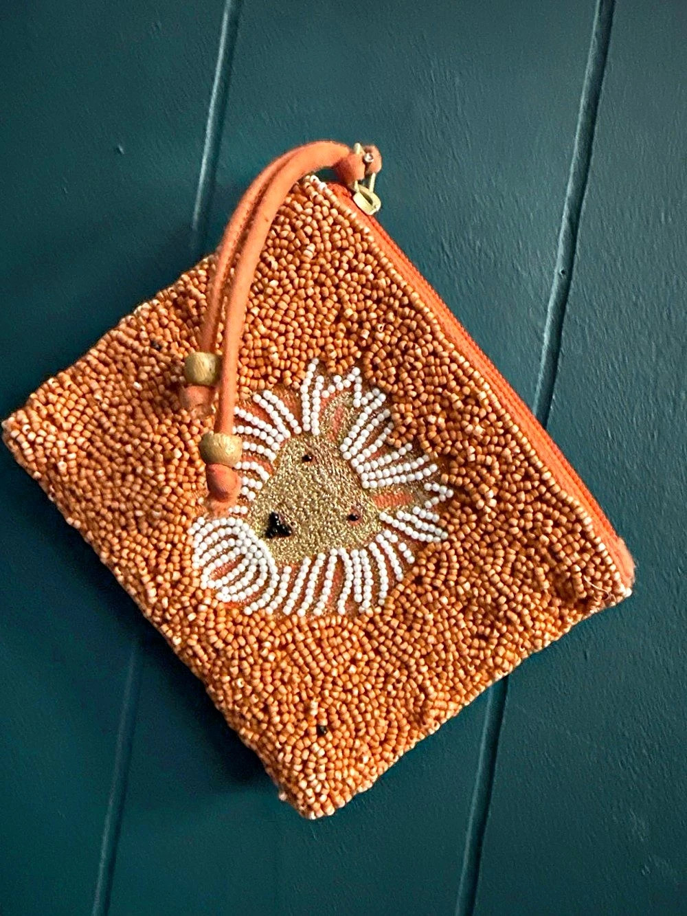 America & Beyond Beaded Lion Wristlet Clutch Brown & Orange